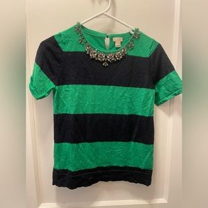 J. Crew Rhinestone Neckline Short Sleeve Women's Top Green/Navy